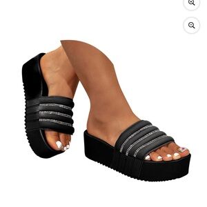 Black Platform Slide Sandals with Rhinestone Straps - Women